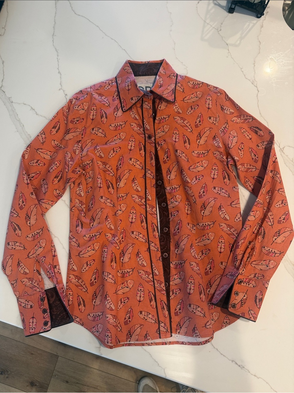 Women's peach Feather-Print Button-Down Shirt